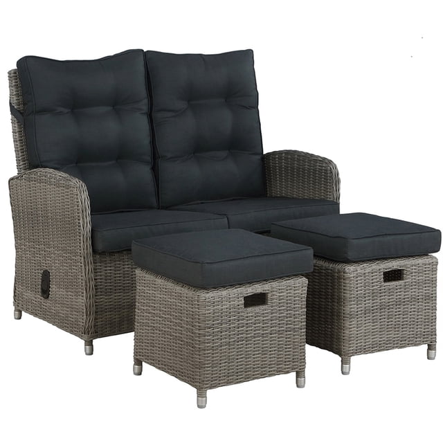 Ensemble Osier / Rotin Monaco avec Banc Inclinable et Deux Poufs en Gris