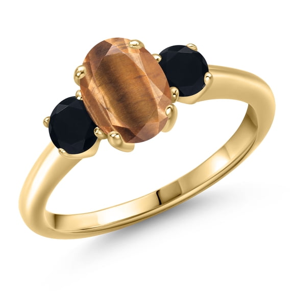 Gem Stone King 10K Yellow Gold Brown Tiger Eye and Black Onyx Engagement Ring for Women | 1.69 Cttw | Oval 8X6MM | Gemstone Birthstone | Size 8