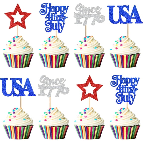 12Pcs 4th of July Cupcake Toppers, Red Blue Silver Glitter Star, USA, Since 1776 Picks for Independence Day, Patriotic Party Cake Decor