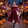 thumbnail image 2 of Renaissance Womens Dresses Gothic Medieval Off Shoulder Lace Up Corset Dress Retro Christmas Party Trumpet Sleeve Halloween Costumes for Women Wine S, 2 of 8