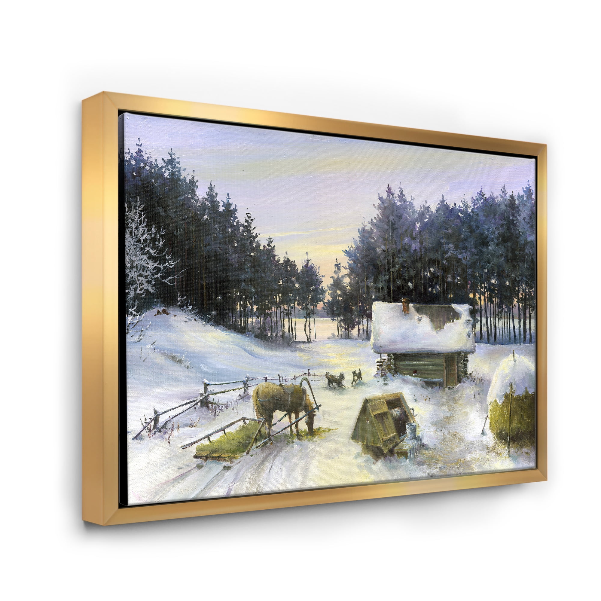 Designart 'Cottage Covered In Snow With Winterscene' Country Framed Canvas Wall Art Print