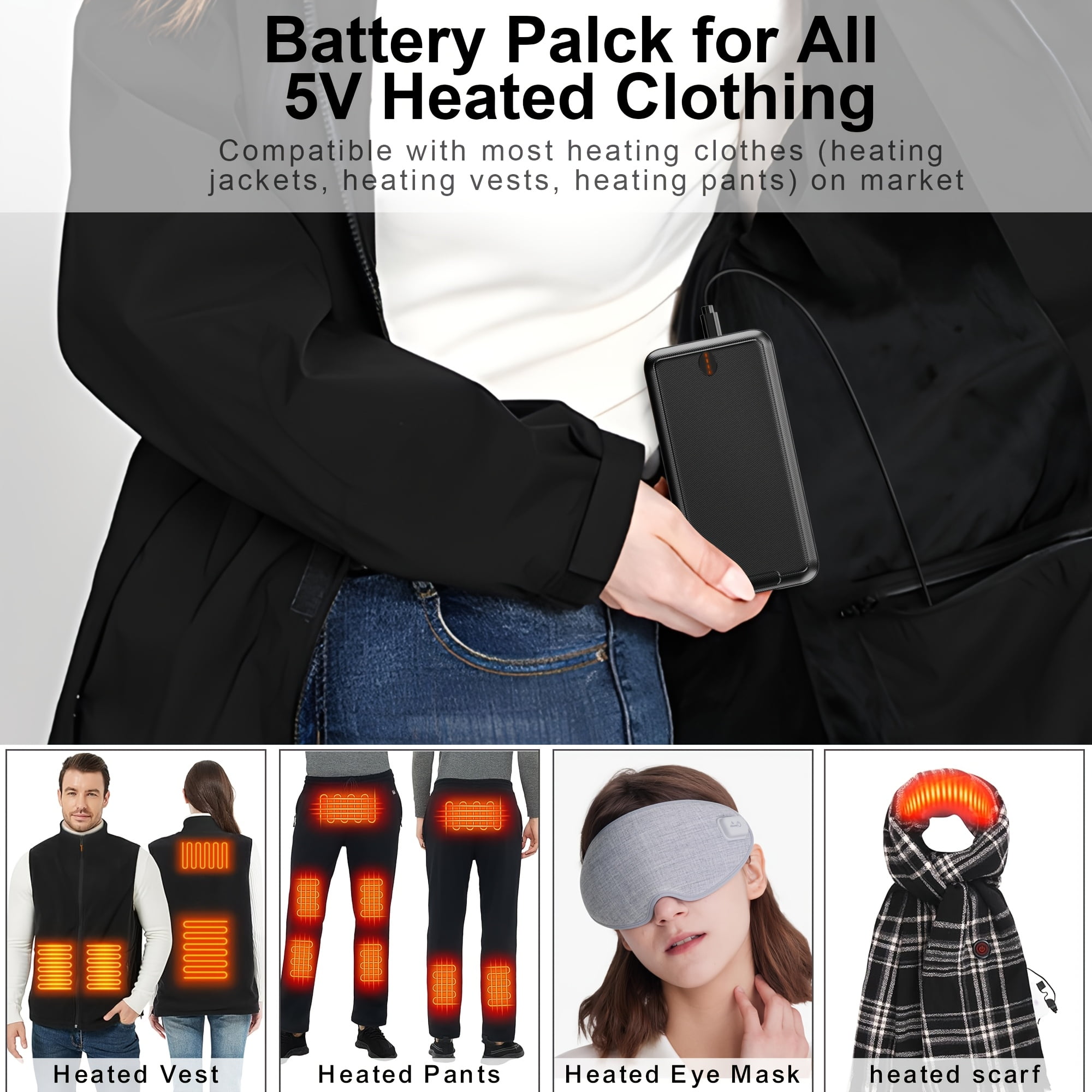 5V 2A Battery Pack For Heated Jackets Vest, 10000mAh Power Bank Portable Charger, Portable Phone Charger For Smartphones, Tablets, Heated Clothes., Etc