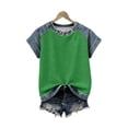 thumbnail image 2 of Womens Short Sleeve Waffle Knit Top Denim Trim, Raglan Sleeve Summer Round Neck Tees Casual Layered Look T-Shirts for Daily Wear Soft Jean Inspired 2026 Fashion, 2 of 8