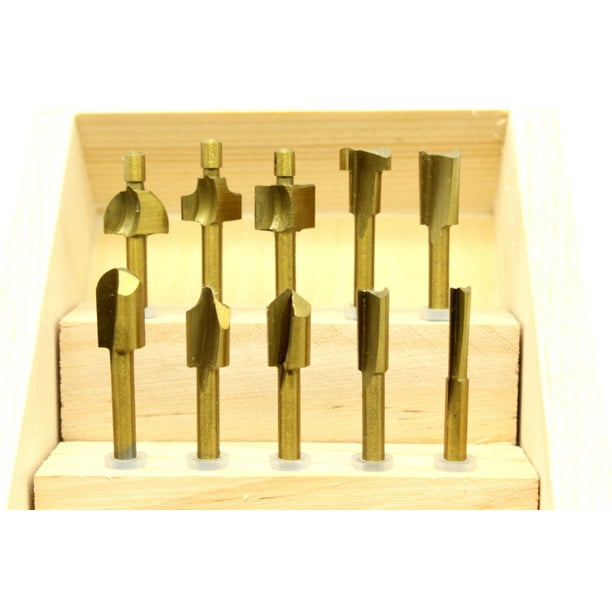 TEMO 10 pc High Speed Steel Hss Titanium Coated Router Bits Set 1/8 Inch (3 mm) Shank for Dremel