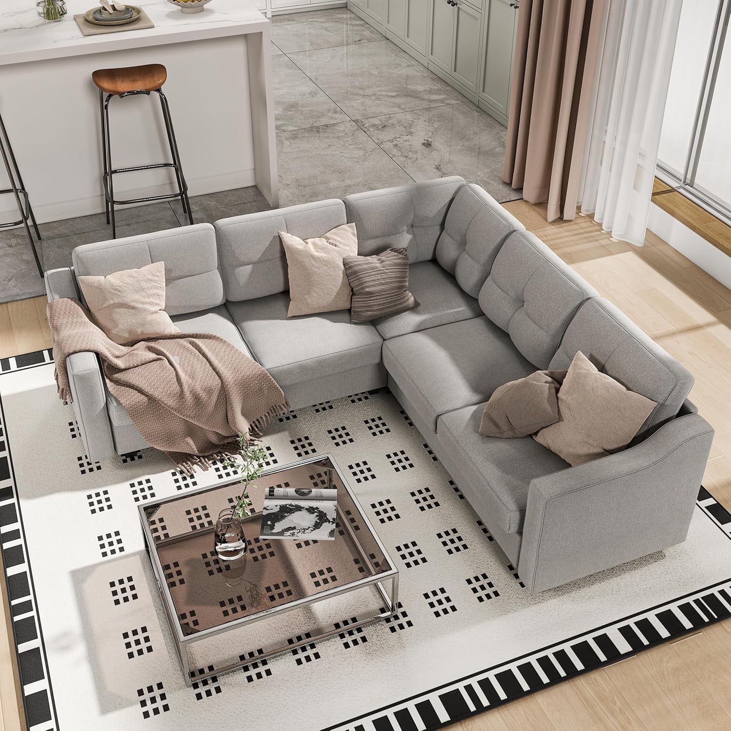 5 Seater Convertible Sectional Sofa, Linor L Shaped Sofa Couch for Living Room, Small Apartment, Reversible Sectional Couch, Light Grey