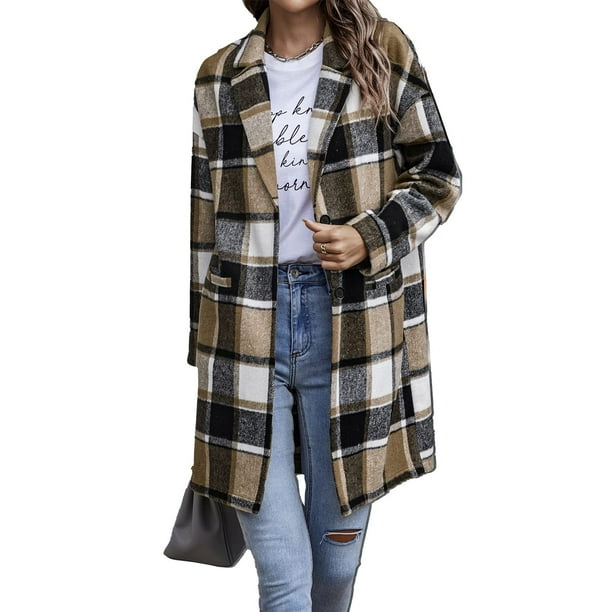 ROSVIGOR Shacket Women Plaid Shirt Jacket Button Lapel Wool Blend ...