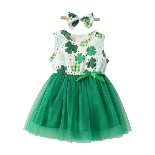 Vestido Para Niñas, Ropa Para Niñas Pequeñas, Hilo De Red Para Niños Pequeños, Color Sólido, Día De San Patricio, Estampado De Cuatro Hojas, Falda Sin Mangas, Vestido Verde Odeerbi LM103-8367