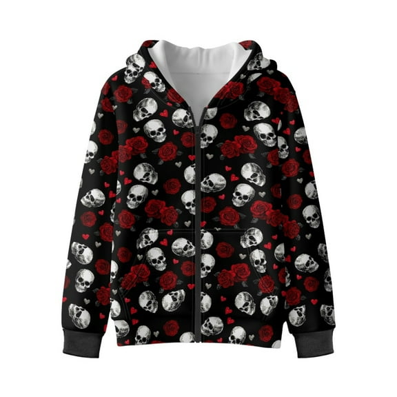 Xoenoiee Skull Rose Heart Print Hoodies for Teen Girls Boys Halloween Zip Up Hooded Sweatshirt with Pocket Youth Kids Casual Trendy Hoodies Fall Spring Tops Sports Shirt, 6-7 Years