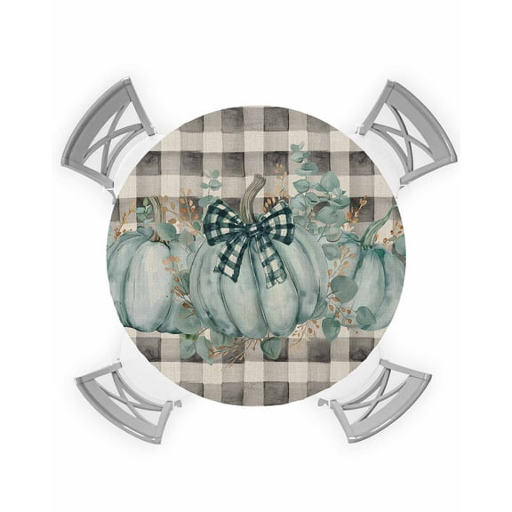 nqOlkjepod Green Pumpkins Fall Thanksgiving Round Tablecloth, Fitted Table Cover with Elastic for 55"-60" Round Tables, Black Plaid Rustic Table Cloth Outdoor Dinning Party Waterproof Tablecloths