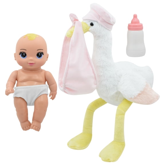 Magic Nursery: 8" Special Delivery Set - Pink - Posable Newborn Baby Doll, Large Plush Stork, Bottle, Hard Body, New Adventures, Toddler & Kids Age 2 