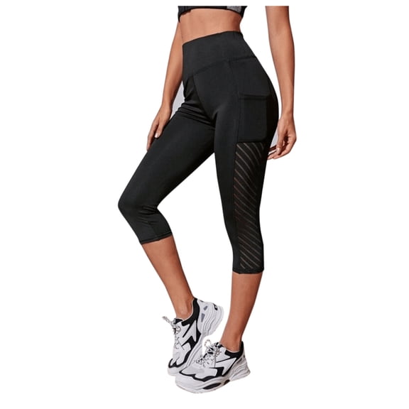 XIAOCHA Women's Side Pocket Mesh Panel Capri Leggings High Waisted Capri Elastic Waist Yoga Pants Stretchy Athletic Gym Leggings