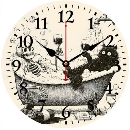 CozyHour 9.84 Inch Skeleton and Black Cat Wall Clock, Gothic Bathtub Bathroom Decor, Vintage Funny Analog Clock for Living Room Bedroom