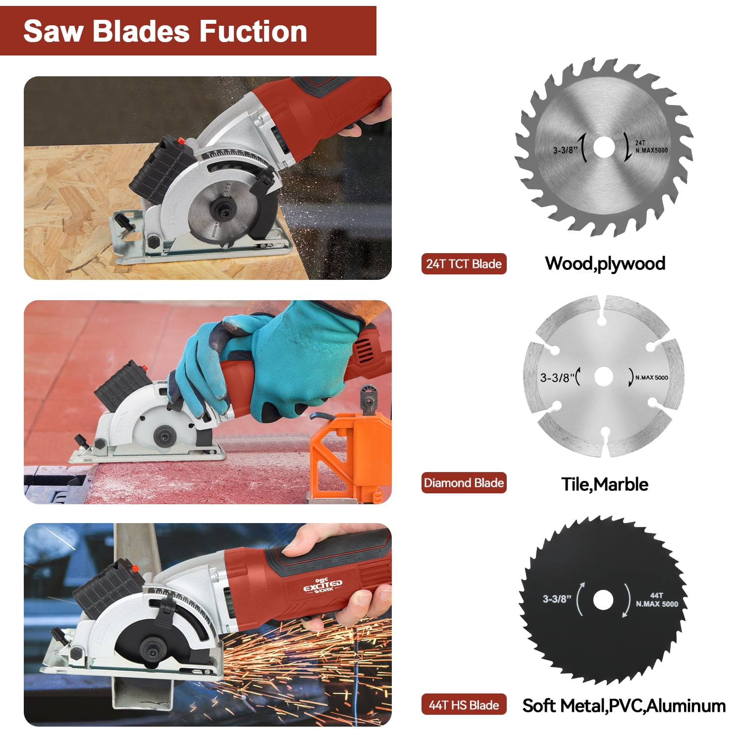 EXCITED WORK, 4.5Amps 3-3/8 in Electric Circular Laser Guided Power Saw, 6500 RPM
