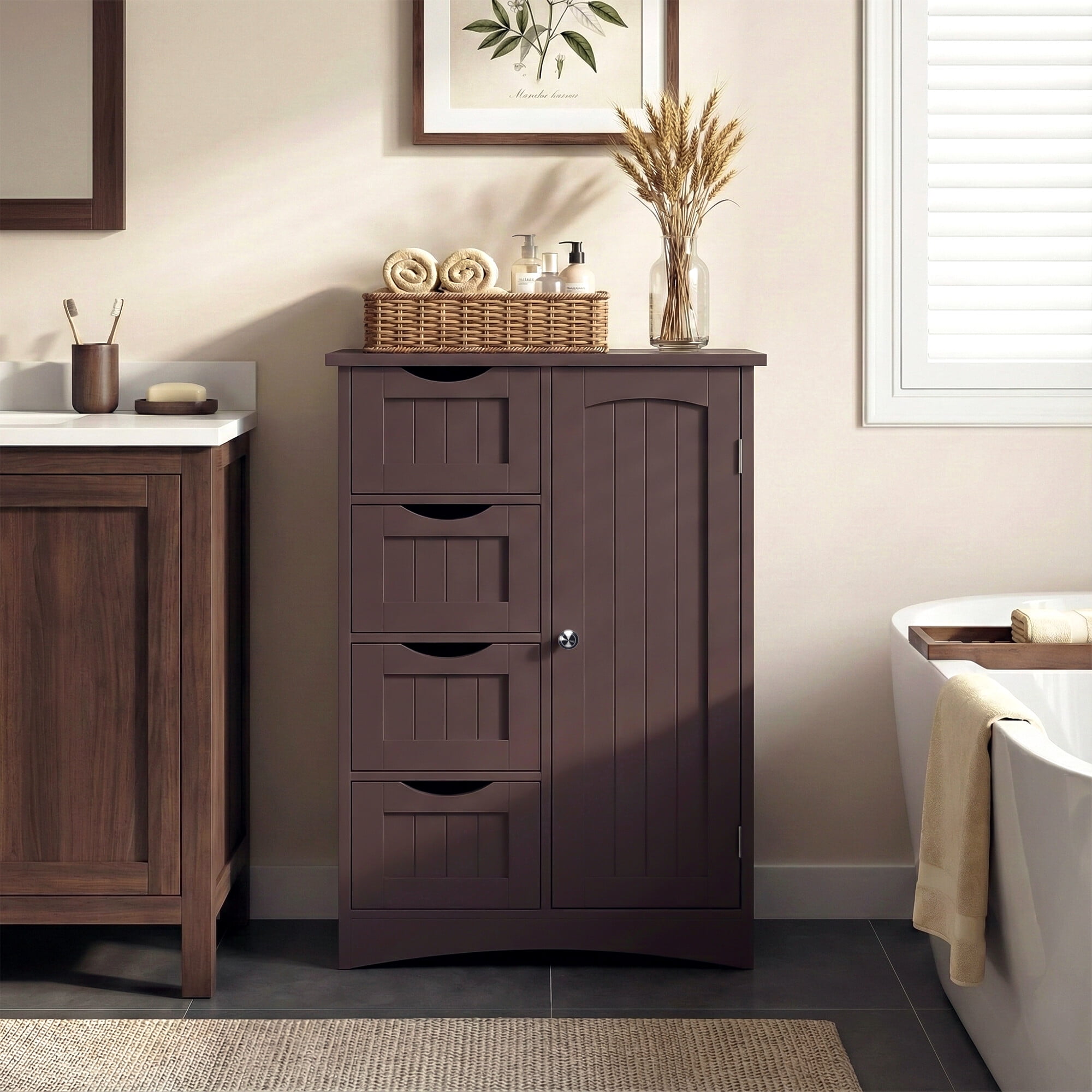 HomGarden Bathroom Floor Cabinet Kitchen Side Storage Organizer W/ 4 Drawers & 1 Cupboard, Brown