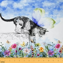 Homewish Cartoon Butterfly Cat Fabric by the Yard 1 Yard for Kid, Jungle Flower Floral Room Decor Fabric by the Yard, Blue Watercolor Sky Sewing Fabric, Luxury Bedroom Decor