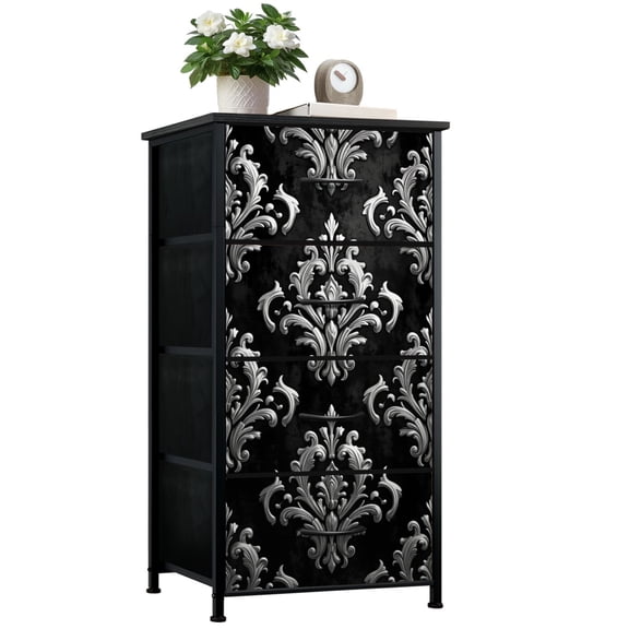 Dresser for Bedroom with 4 Storage Drawers Elegant Black Silver Damask Ornate Floral Patterns Dressers Chest of Drawers Steel Framed Fabric Closet Organizers for Dorm Entryway End Table