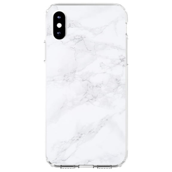 DistinctInk Clear Shockproof Hybrid Case for iPhone XR (6.1" Screen) - TPU Bumper, Acrylic Back, Tempered Glass Screen Protector - White Grey Marble Carrara
