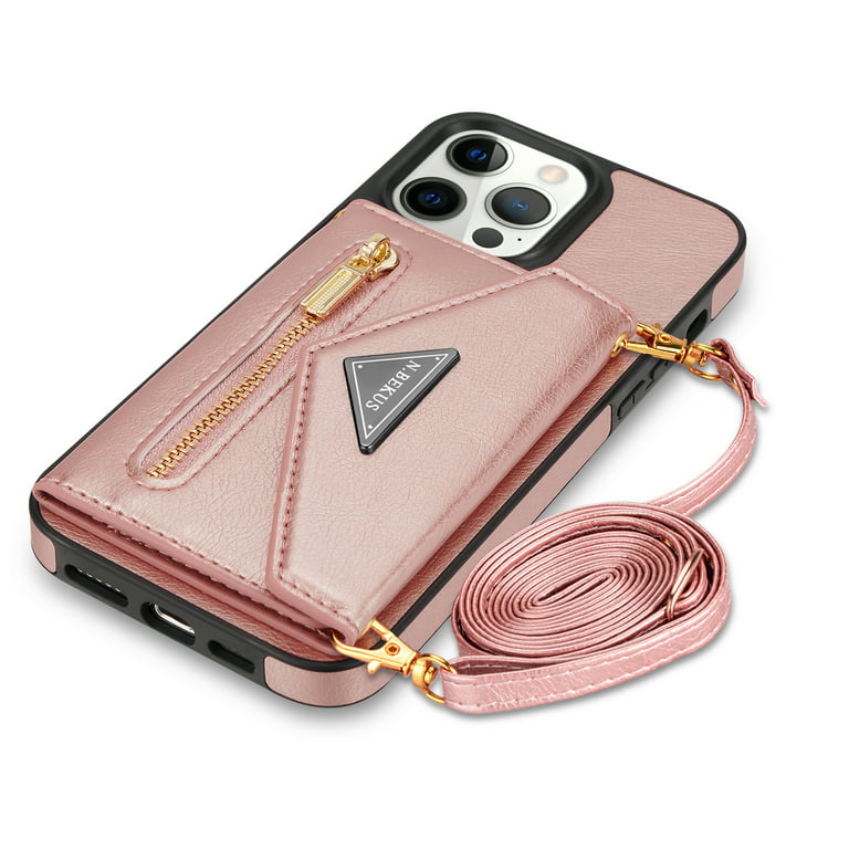 Crossbody Leather Wallet Case for iPhone 14 Pro Max with Card Slots Zipper Pocket Kickstand Function Adjustable Shoulder Strap Shockproof Purse Phone