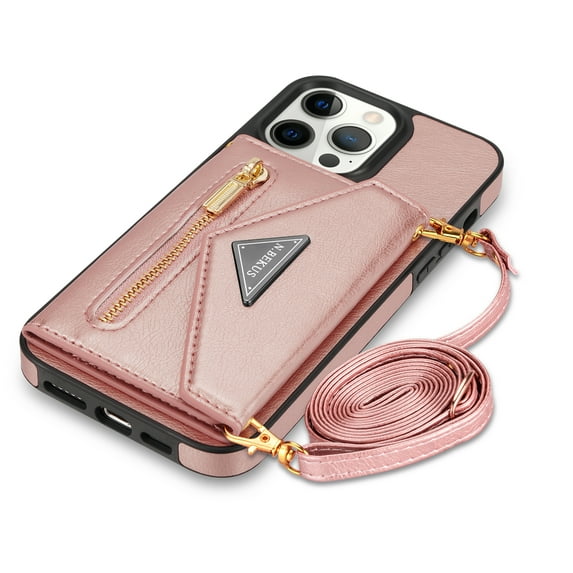 ELEHOLD Leather Wallet Case for iPhone 13 Pro 6.1 inch with Card Slots Zipper Pocket Kickstand Function Adjustable Crossbody Shoulder Strap Shockproof Purse Phone Case ,Pink