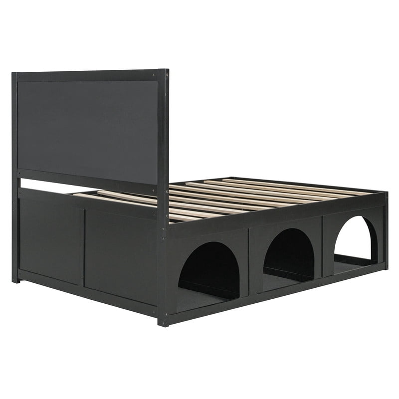 Full Size Pet-Friendly Platform Bed with Under-Bed Pet Nooks, Heavy Duty Wooden Storage Bed Frame with Padded Headboard