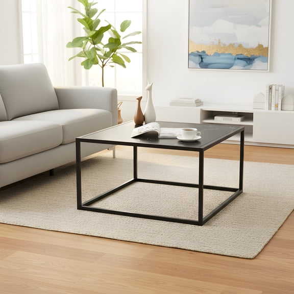 Square Coffee Table for Living Room - Modern Black Faux Marble Design