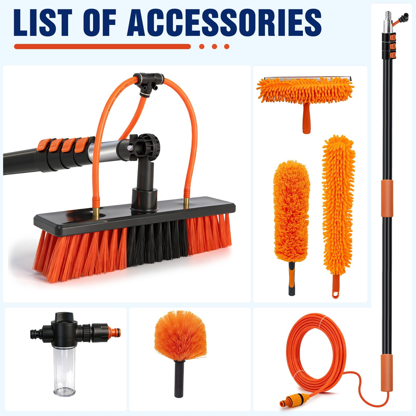 20FT Extendable Cleaning Pole with Adjustable Brush Head & Soap Bottle, Outdoor Cleaning Tool for Windows, Walls, Roofs and Exterior Surfaces