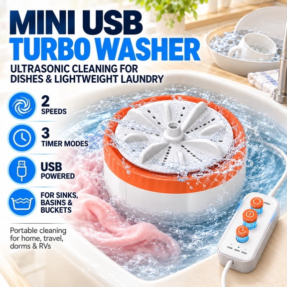 Ultrasonic Cleaning Device for Dishes Mini USB Turbo Washer Portable Sink Washing Machine for Clothes and Dishes 2 Speeds 3 Timer Modes