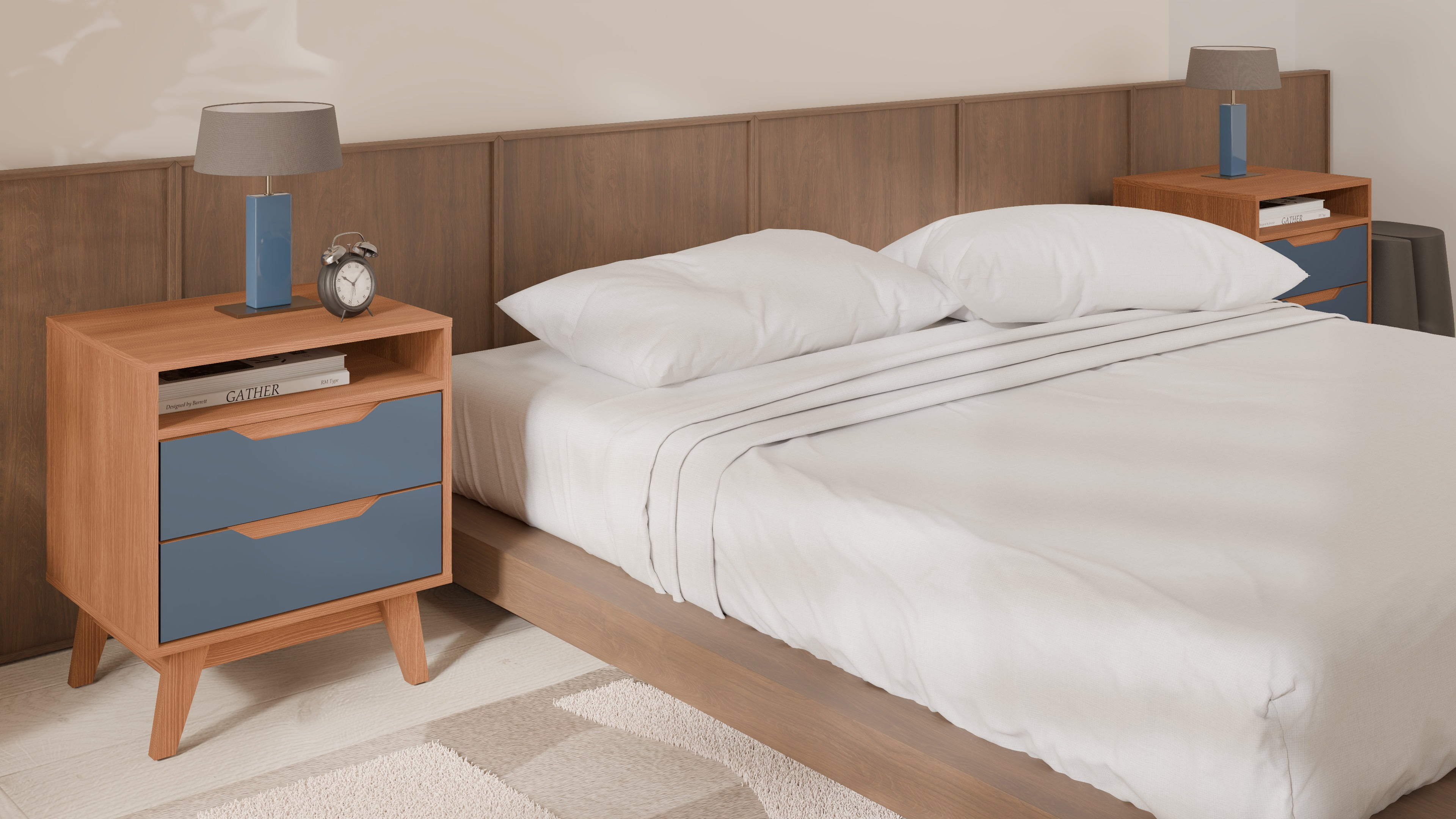 Kappesberg Paris 2-Piece Nightstand Set with 2 Drawers Open Shelf and Built-in Handles Gloden Oak/Blue – Modern Bedroom Storage