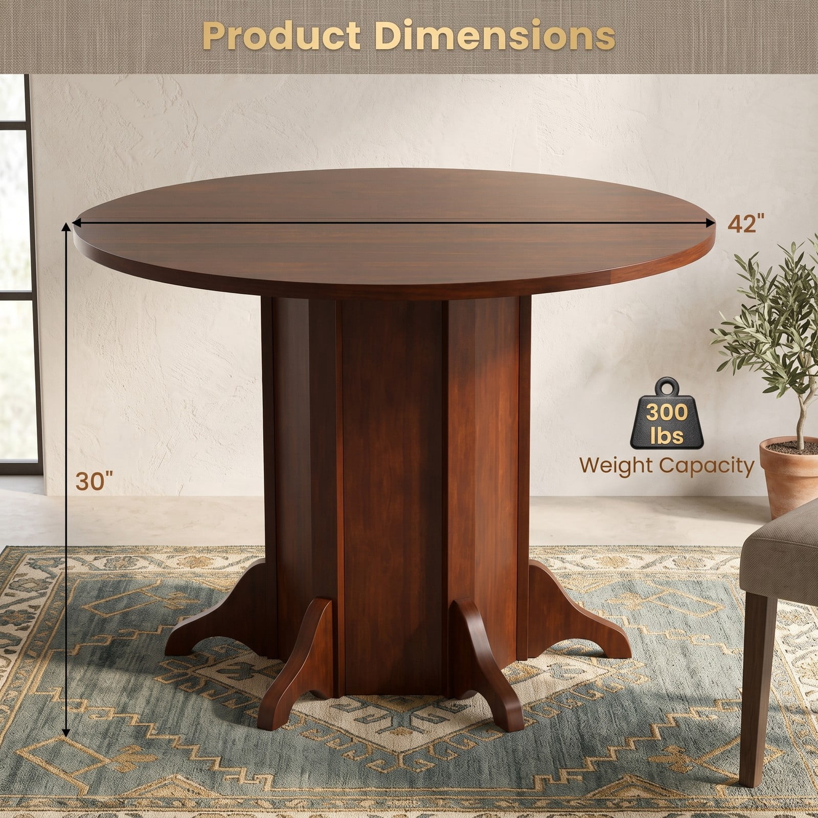 Furnibear Round Dining Table for 4-6 People, 42 Inch Kitchen Dinner Table with Pedestal Base, Waterproof MDF Tabletop with Acacia Wood Veneer for Kitchen, Walnut