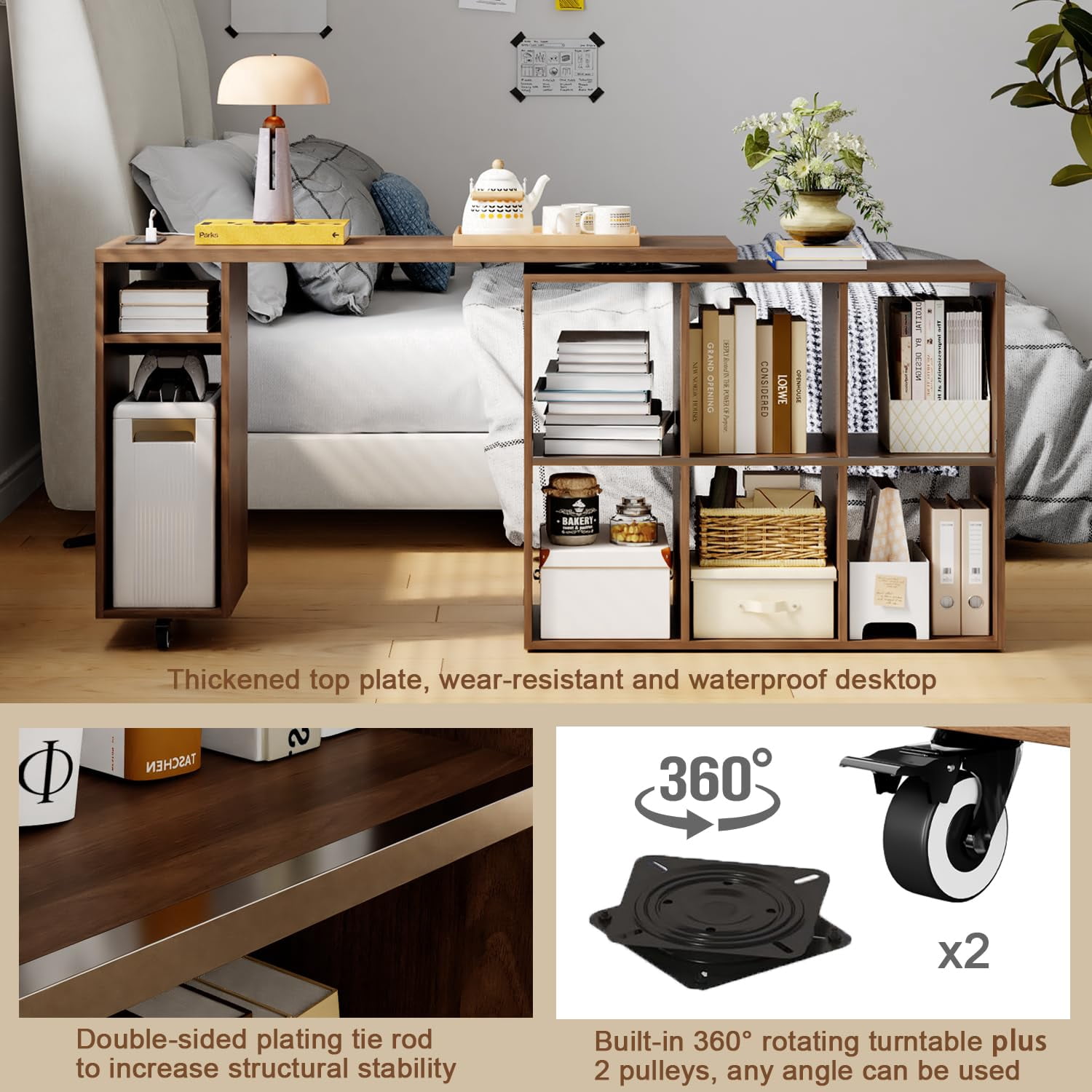 BOSHIRO 360° Rotating L-Shaped Computer Desk with Storage Shelves, Adjustable Swivel Arm Writing Table for Home Office or Bedroom, Rustic Brown Finish