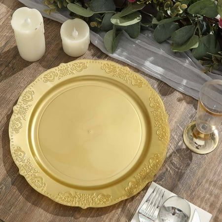 

Efavormart 10 Pack | 10 Gold Embossed Hard Plastic Dessert Appetizer Plates Disposable Round Salad Plates With Scalloped Edges