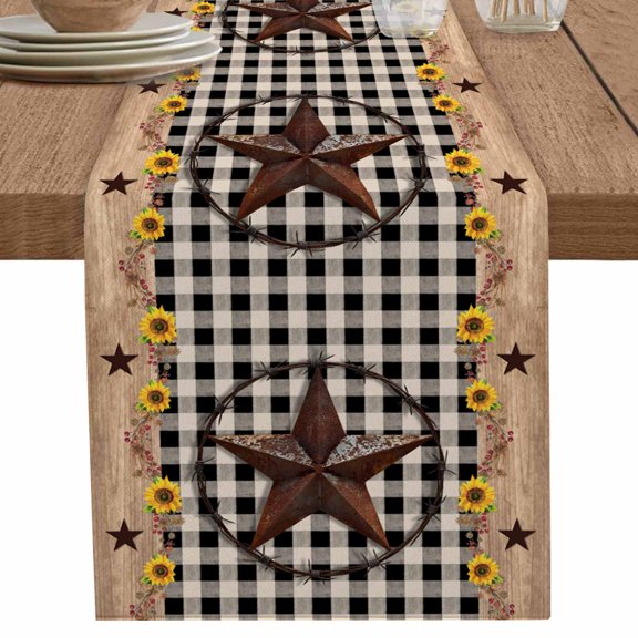 nqOlkjepod Farmhouse Vintage Table Runner 36 Inches Long Farmhouse Dress Scarves, Western Country Star Brown Plaid Dining Tablerunner for Coffee Table/Kitchen Island/Party Décor, Small 13" x 36"
