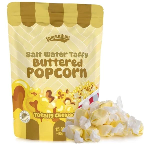 Snackathon Salt Water Taffy Single Flavor, Buttered Popcorn, Bulk Individually Wrapped Gourmet Candy, Soft & Chewy Sweet Treats, 15 oz Resealable Bag