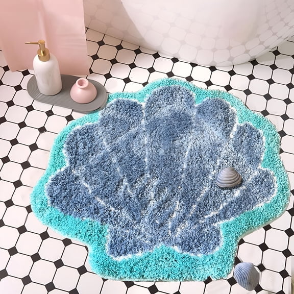 RLESO 2026 New Shell Shaped Bathroom Rug,Ocean Natural Seashell Bath Mat Gifts,Aqua Blue Bathroom Mat for Sea Bathroom Decor,Kids Room Bedroom Or Outdoor Non-Slip Bath Rug 20X24 Inch