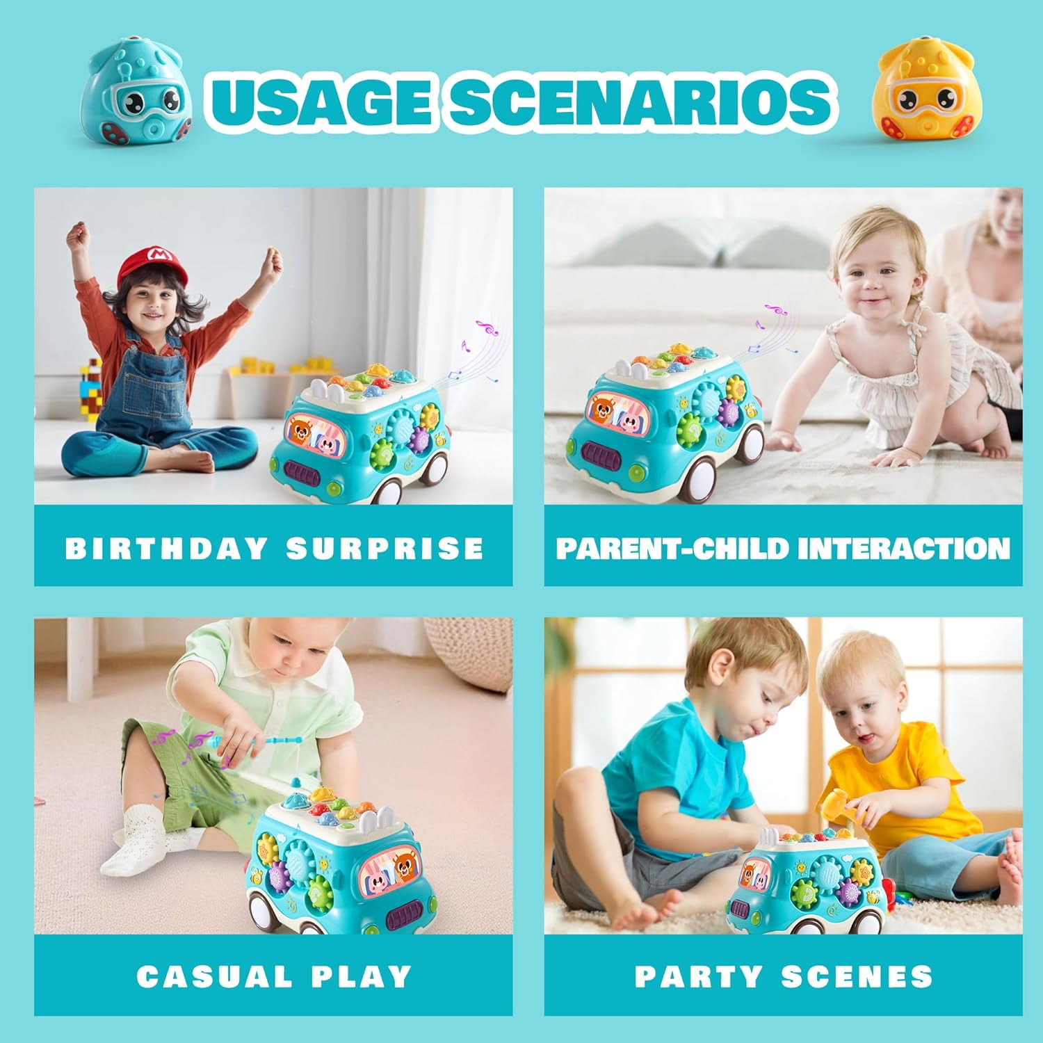 Baby Montessori Toys,6-in-1 Musical Bus Toys for Toddlers,Montessori Sensory Toys with Xylophone,Whack A Mole,Fishing Game,Montessori Sensory Toys for 2 3 4 Year Old,1st Birthday Gifts for Girls Boys