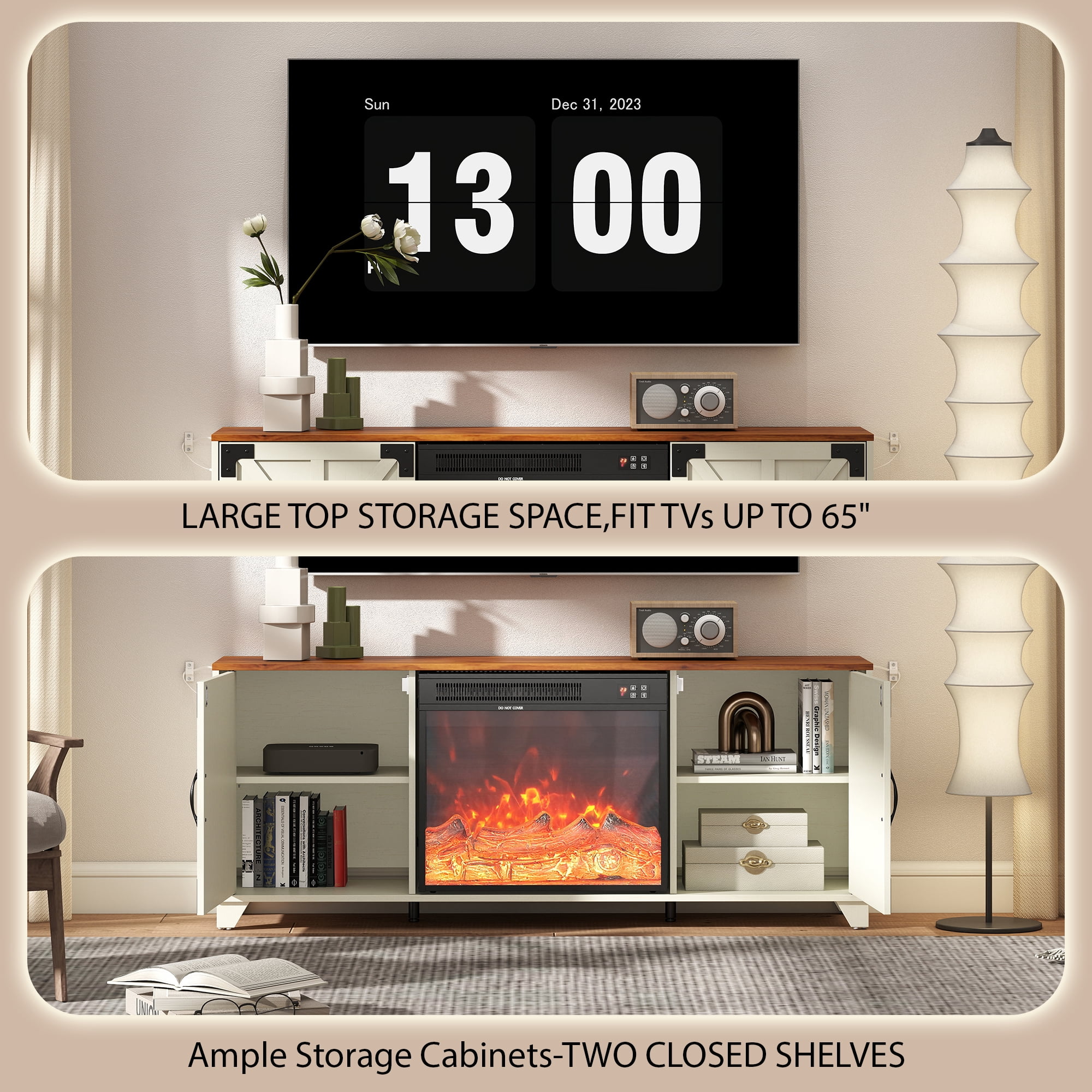 Manxile Fireplace TV Stand for TVs up to 65" with 23" Electric Fireplace, Farmhouse Entertainment Center, Rustic White