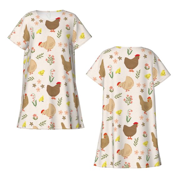 Horeoi Chicken Family Print Women's Short-sleeved Nightdress Breathable Cotton-like Material Loose A-line Knee-length