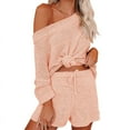 thumbnail image 2 of Casual Pajama Set Womens 2 Piece Outfits Off Shoulder Knit Tops and Shorts Suits, 2 of 3