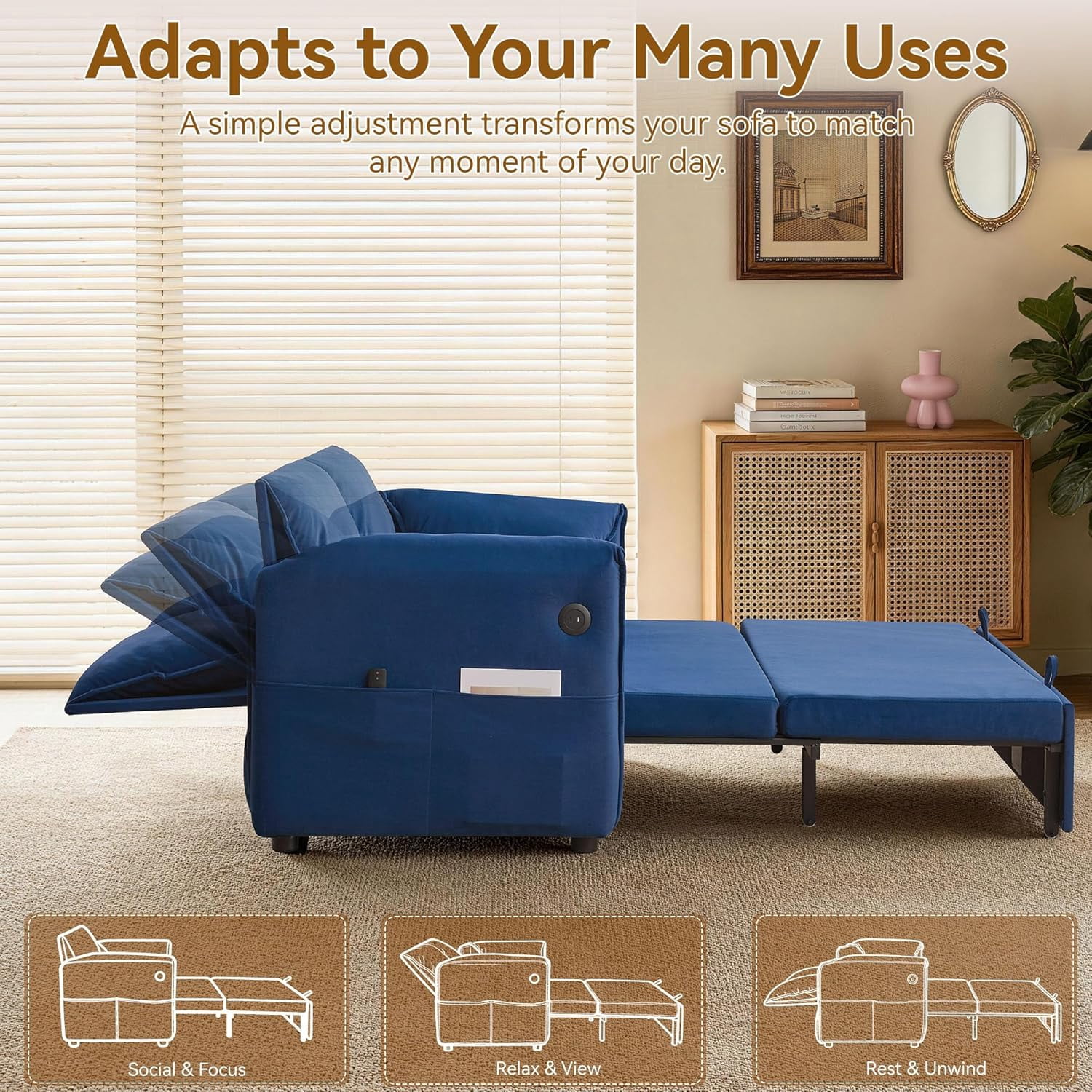 63" Velvet Pull Out Couch, 3-in-1 Convertible Sleeper Sofa Bed with Adjustable Backrest, USB Charging Ports, Side Pockets, Modern Loveseat for Living Room, Bedroom, Apartment, Blue