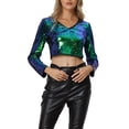 thumbnail image 1 of TOP CORTO CON LENTEJUELAS INSPIRADOR CHIC PARA MUJERES, MANGA LARGA, CUELLO EN V, BRILLANTE Y RELUCIENTE, BLUSA DE FIESTA, TAMAÑO S, VERDE AZUL, 1 of 5