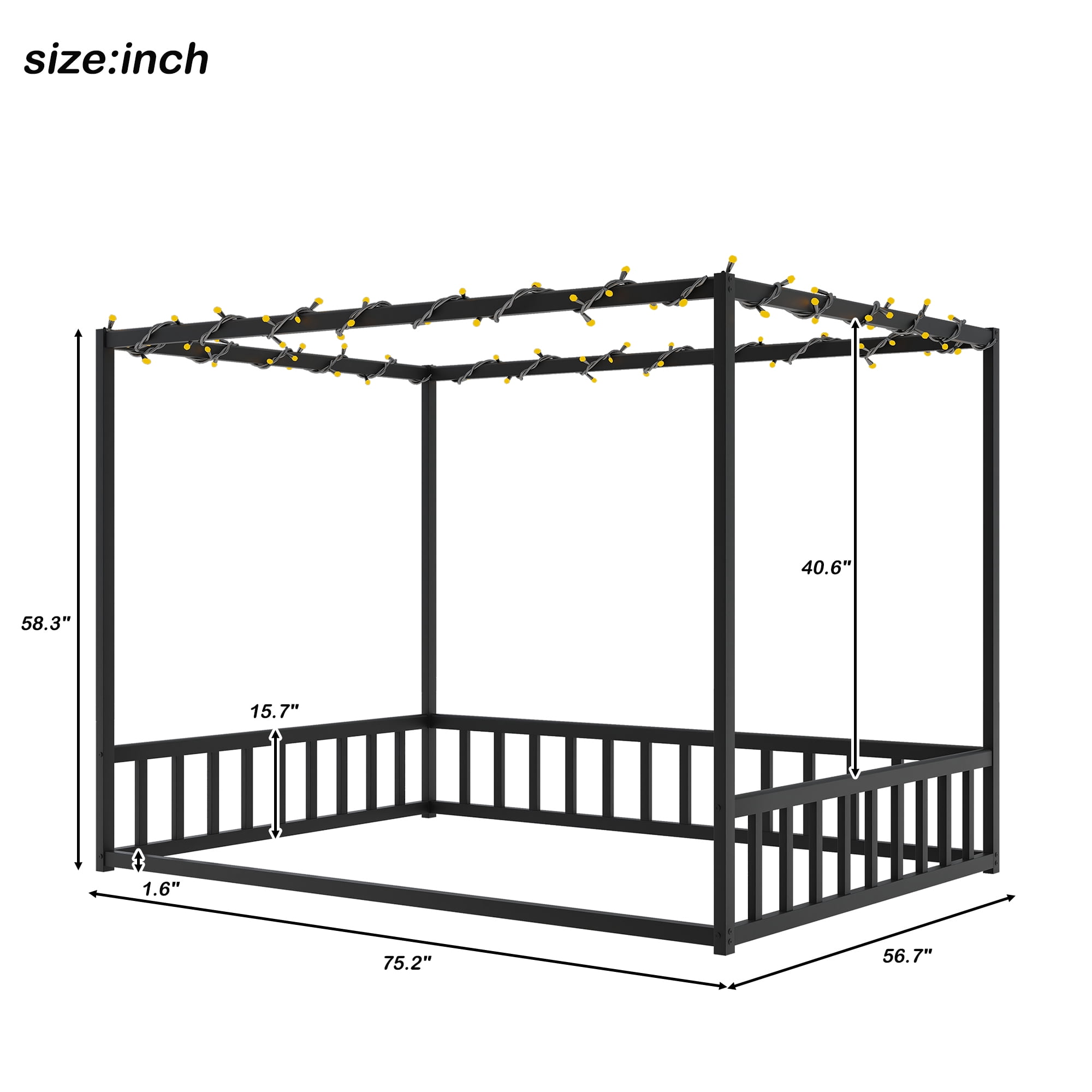 Mintazer Full Size Kids Sunshade Floor Bed Frame with Guardrails, Canopy Floor Bed for Low Profile, Black