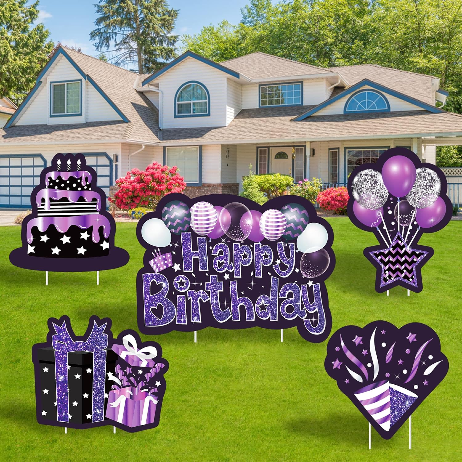 Black Purple Happy Birthday Yard Signs with Stakes,Glittery Lawn Sign for Birthday Party Decoration,5pcs