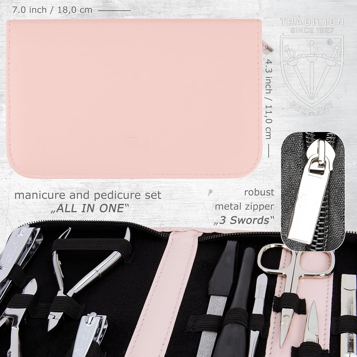 10 piece manicure pedicure grooming kit set for nail care scissors clipper pink synthetic leather case