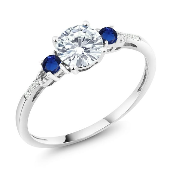 Gem Stone King 10K White Gold White Moissanite Blue Created Sapphire and White Diamond Accent 3-Stone Engagement Ring for Women (0.94 Cttw, Round 6MM, Gemstone Birthstone, Size 5)