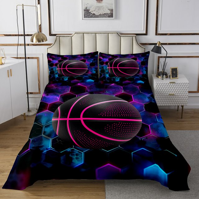 Erosebridal Ball Game Basketball Coverlet Set King,Neon Hexagon Bedding Set,Geometry Decor,3-Piece