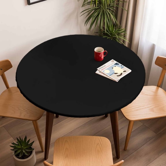 Black Round Fitted Tablecloth with Elastic Edge,Waterproof Table Cloth Fits Tables Up to 45"-54",Wipeable Washable Table Cover for Indoor Outdoor Dinning Party,Solid Color