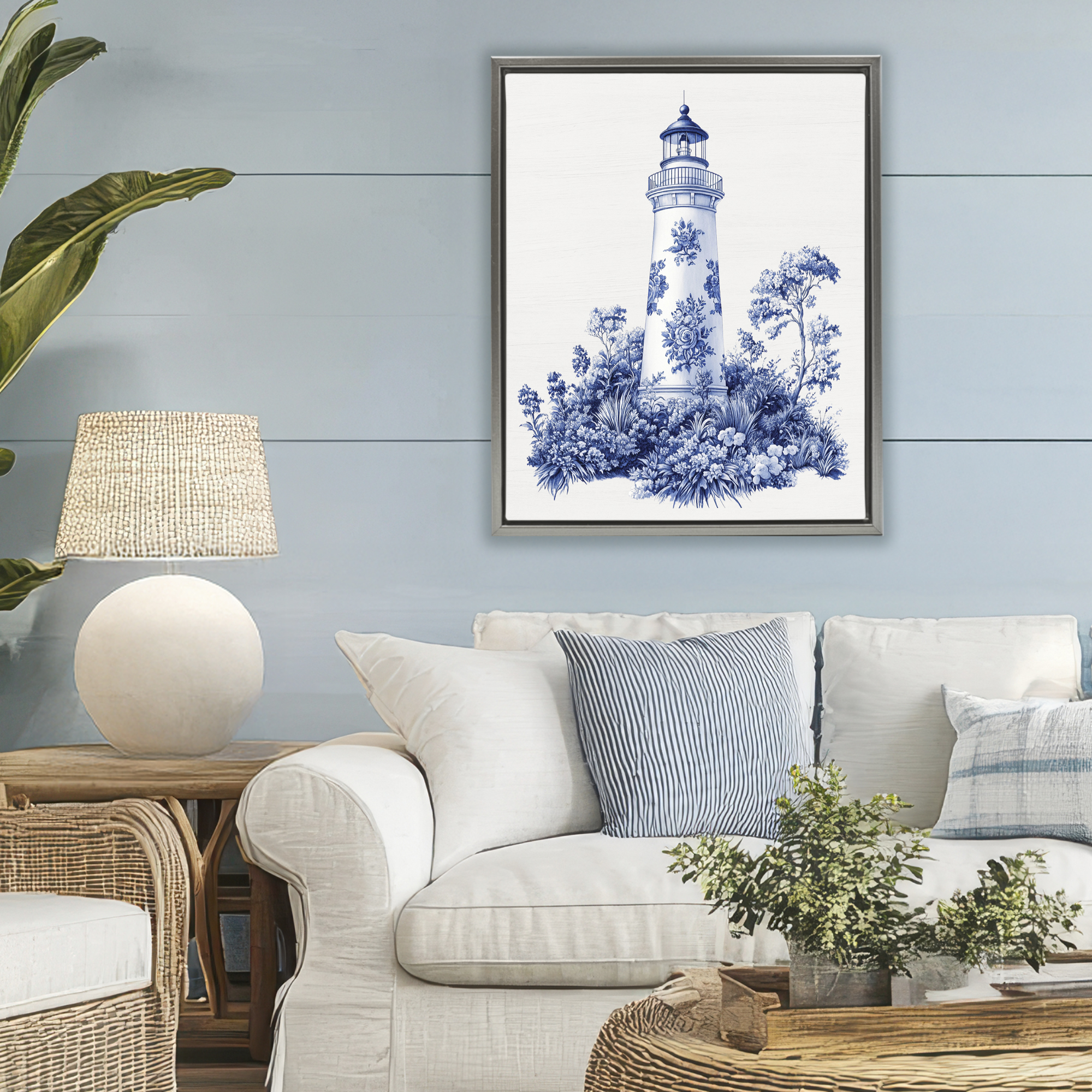 Toile Patterned Lighthouse Gray Framed Floater Canvas Wall Art, design by Lettered and Lined