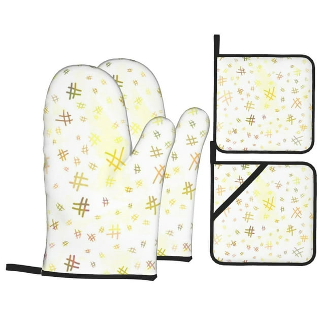 YFYANG Mitaines de Four et Supports de Pot Ensembles 4 Pcs, Antidérapant Résistant à la Chaleur Ligne Jaune Graffiti Gant de Cuisine Tapis de Pot pour Cuisiner et Pâtisser