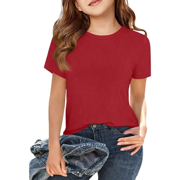 Girls Short Sleeve Tops Ribbed Knit Crew Neck Shirts Basic Solid Tees Slim Fit Casual T-Shirt,Red 14-15 Years