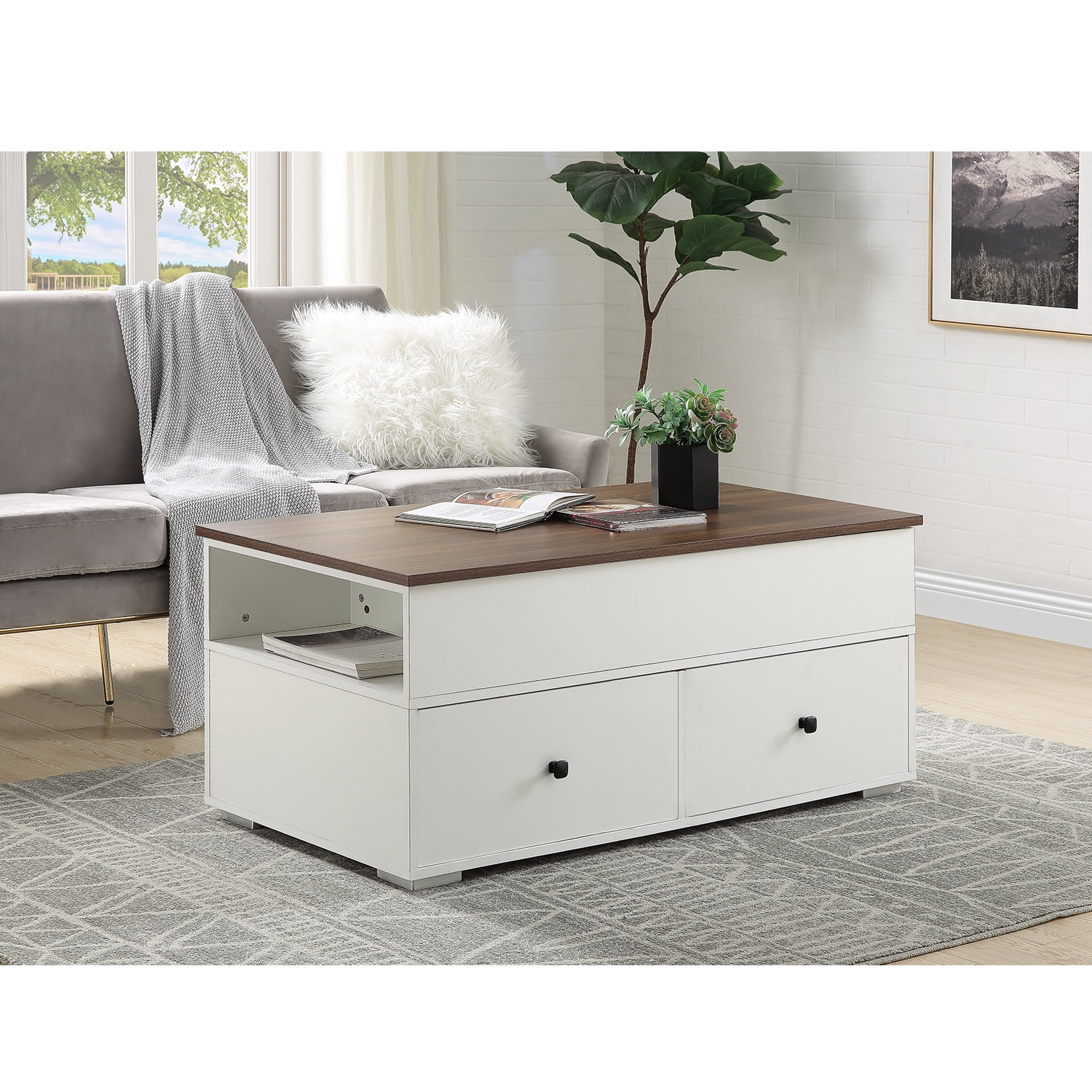 Kadyn Lift Top Coffee Table with Hidden Compartment Storage Rack, Wooden Living Room Table for Office, White Kadyn Lift Top Coffee Table with Hidden Compartment Storage Rack, Wooden Living Room Table for Office, White
